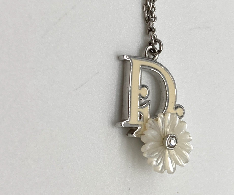 Christian Dior Flower Bracelet Silver Tone White Logo Charm Box 19.5cm / 7.7in