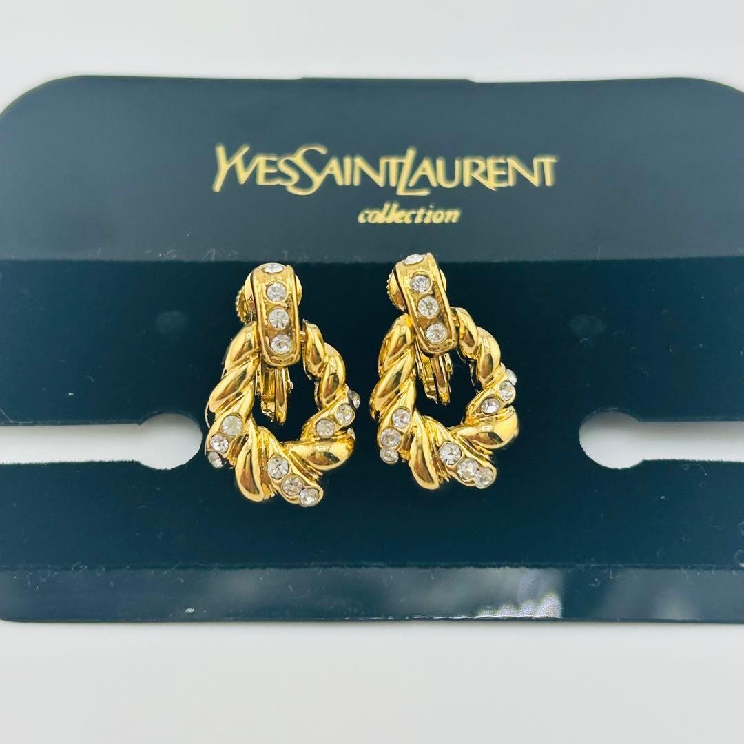 Yves Saint Laurent Twist Earrings Rhinestone Gold Tone Screw Type w/Box