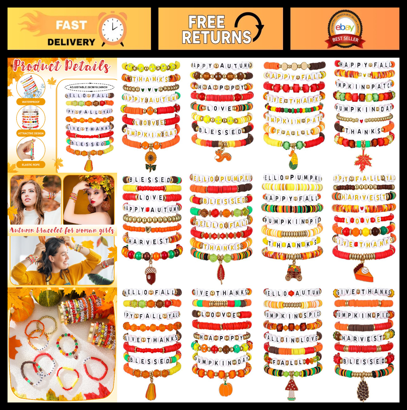 96 Pcs Fall Friendship Bracelets Set – Adjustable Beaded Jewelry with Maple Leaf