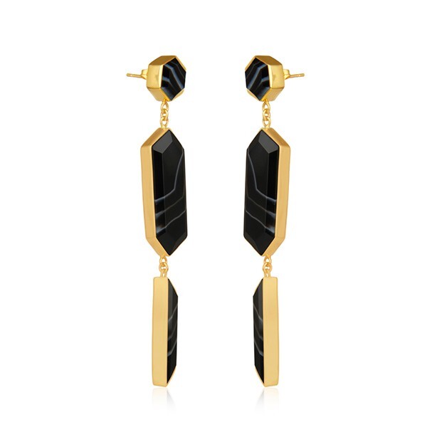 Genuine Banded Agate Gemstone 18k Gold Plated Brass Fashion Dangle Earrings