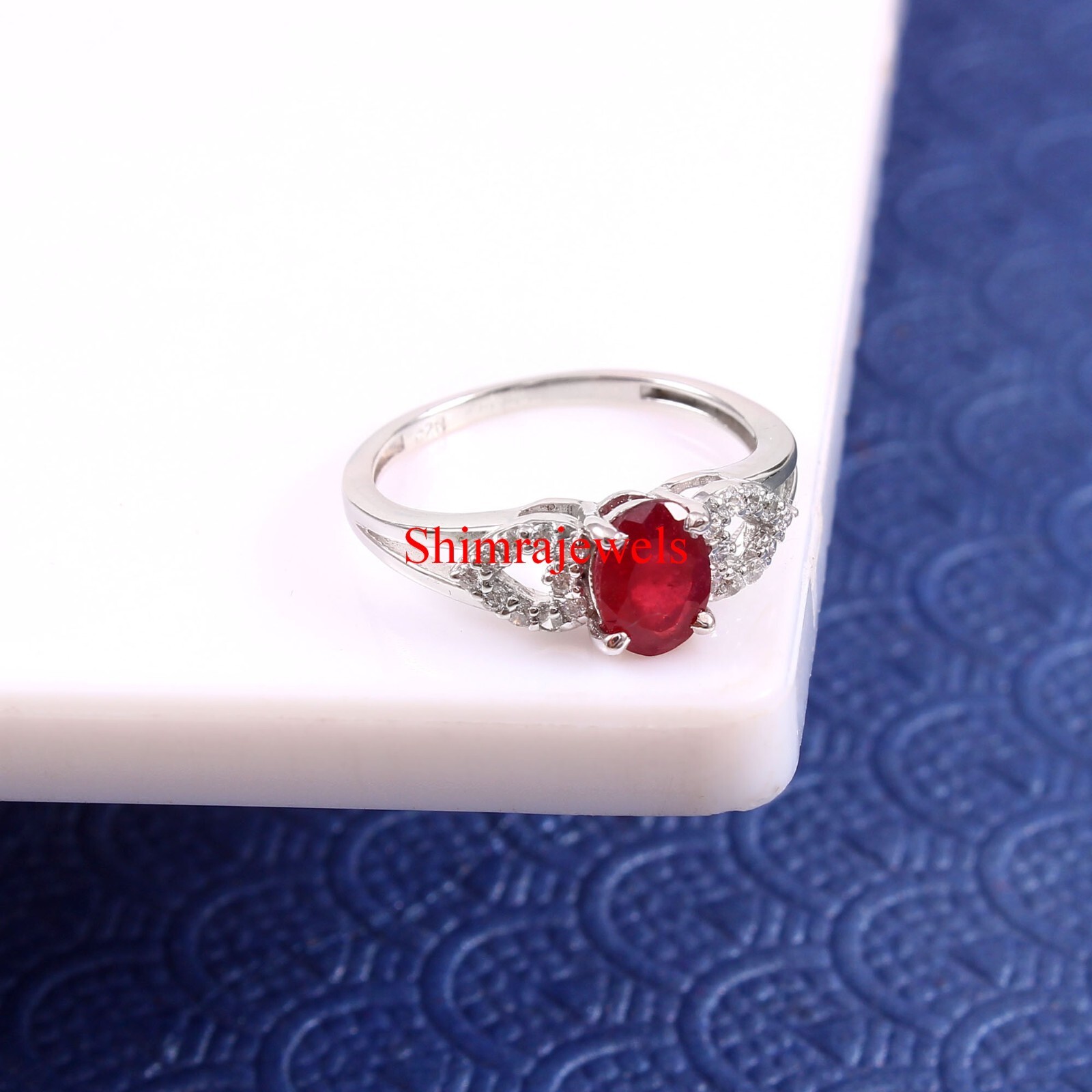 Heated Ruby Gemstone With 18k White Gold Plated Silver Women’s Ring #626
