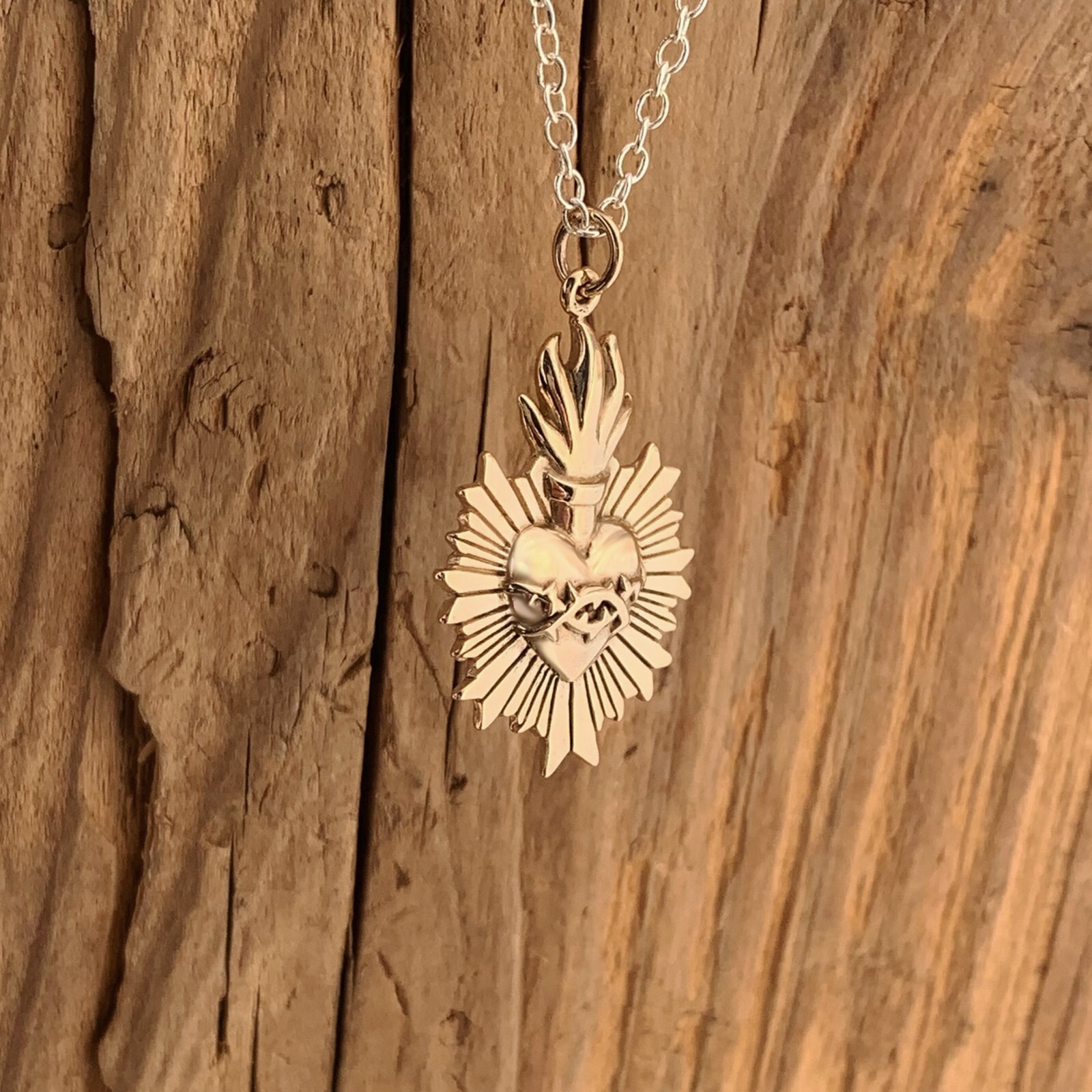 Bronze Flaming Sacred Heart Pendant Necklace Mixed Metals Thorns Sterling Silver