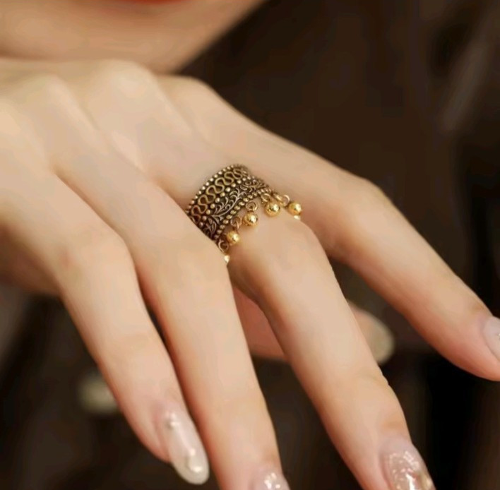 Chinese Retro Tassel Open Ring Stainless Steel Hollow Lace Women Jewelry