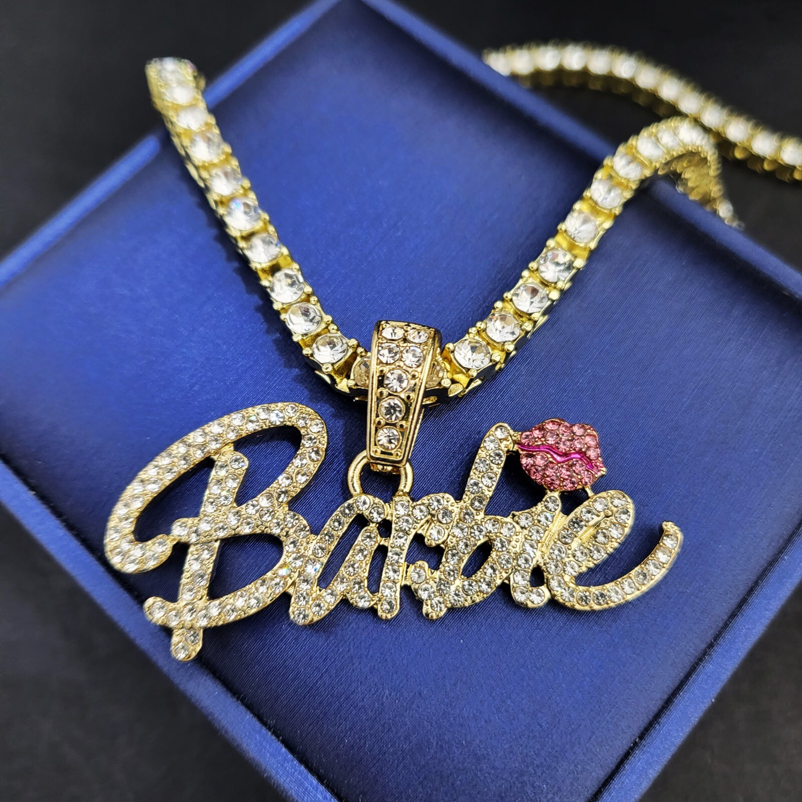 Women Barbie Iced Bling Pendant & 1 Row Cubic Zirconia Tennis Chain Necklace (S)