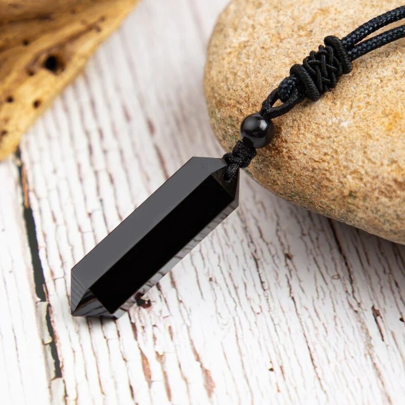 Natural Black Obsidian Hexagonal Point Pendant Healing Amulet Unisex Necklace