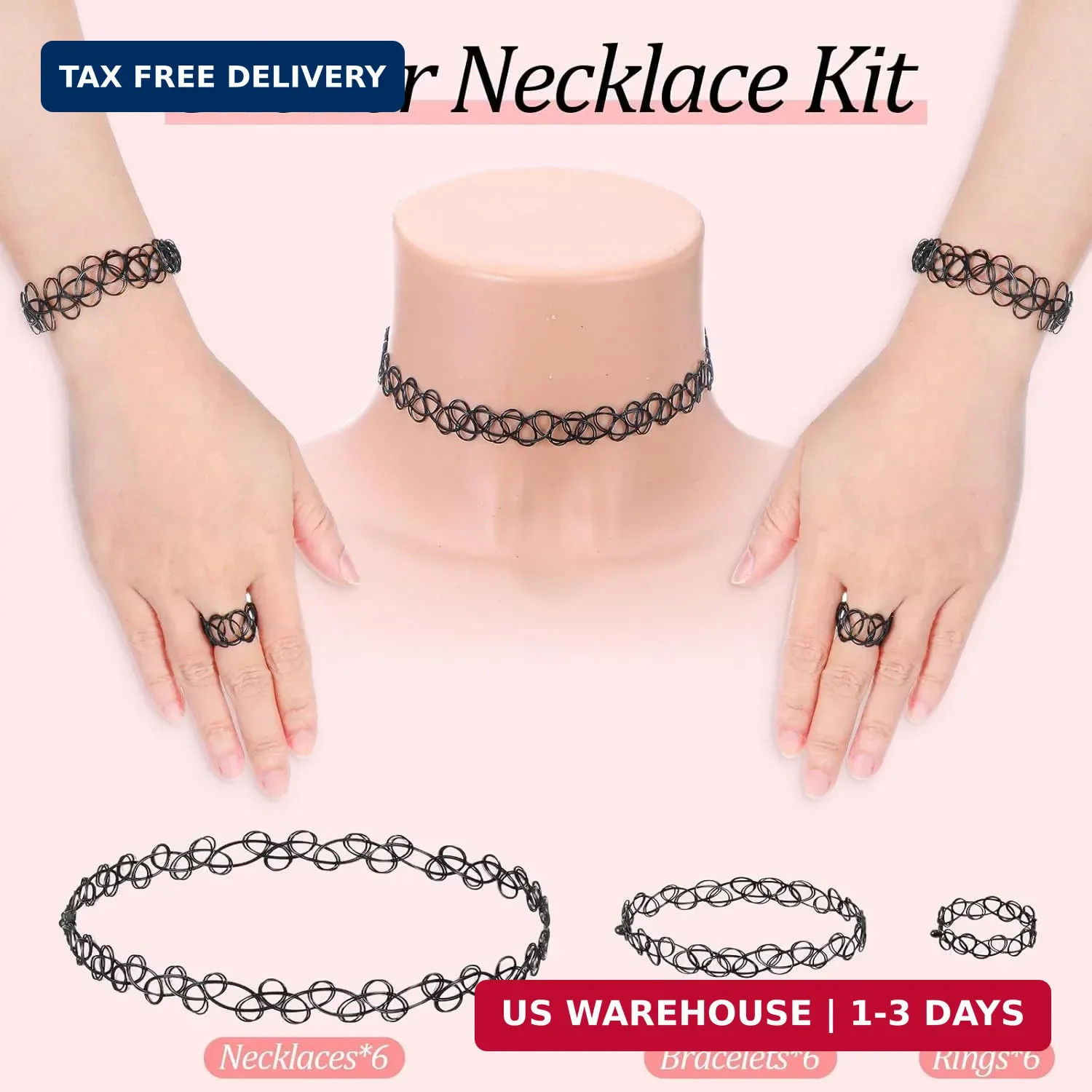 18 Pcs 90s Tattoo Choker Necklace, Bracelet & Ring Set Stretch Gothic Black Lace