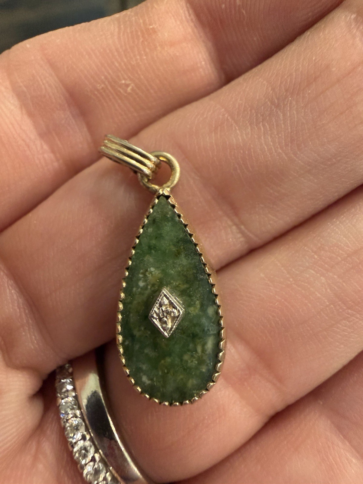 Vintage 12K Gold Filled Green Stone Teardrop Pendant Jade Aventurine Art Deco