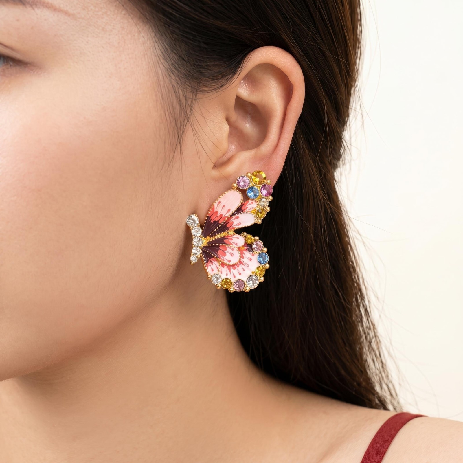 Colorful Butterfly Stud Earrings, Pink Purple Gold Rhinestone Enamel Statement