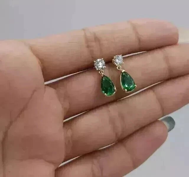 1.20Ct Pear Cut Simulated Green Emerald Drop Earrings In 14K Yellow Gold Plated