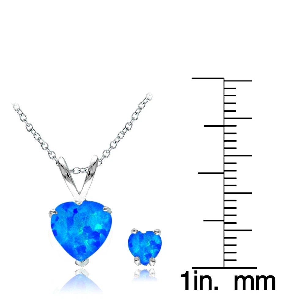 925 Silver Created Blue Opal Heart Solitaire Pendant Stud Earrings Set