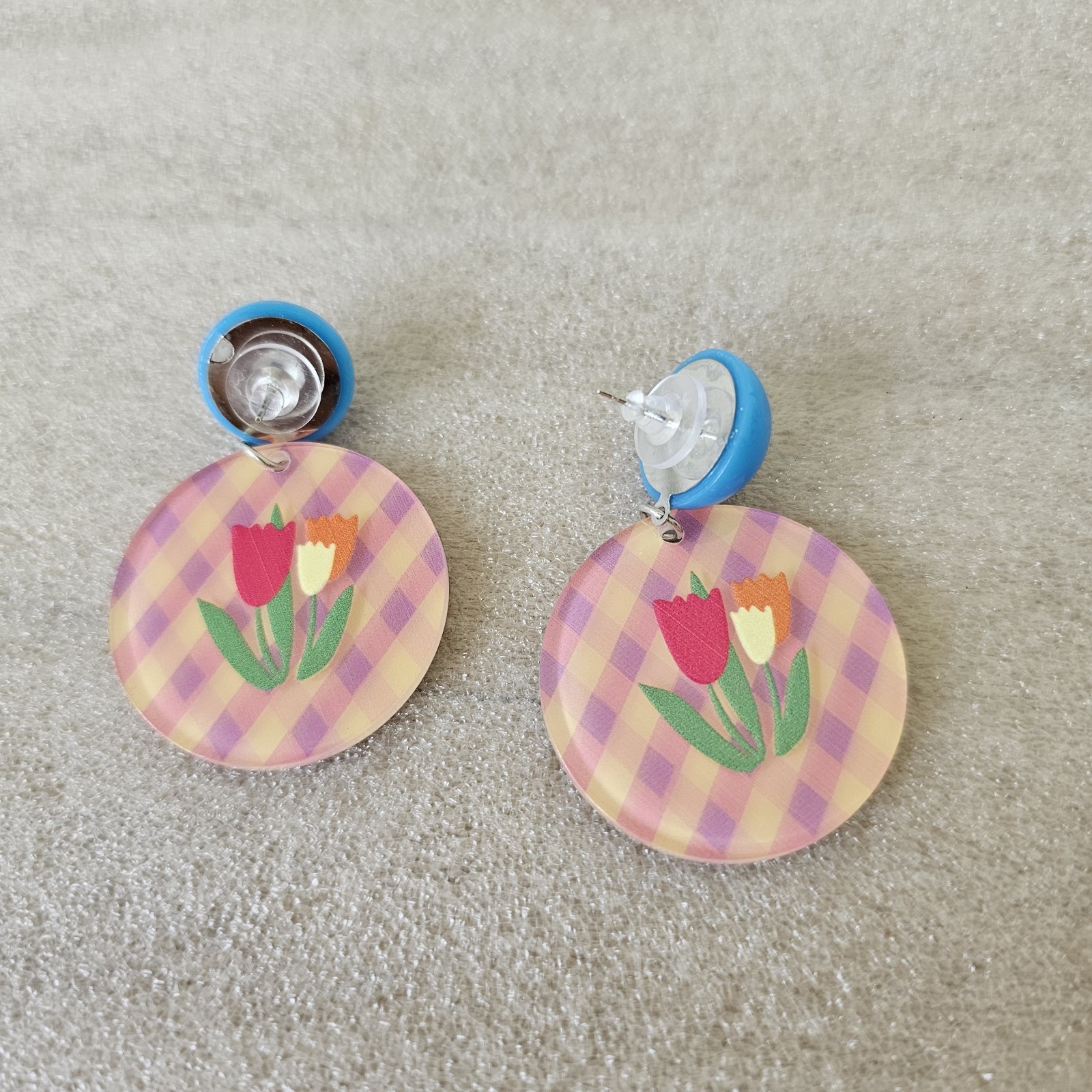 Round Floral Disc Stud Dangle Earrings Multicolor Plastic Butterfly Closure