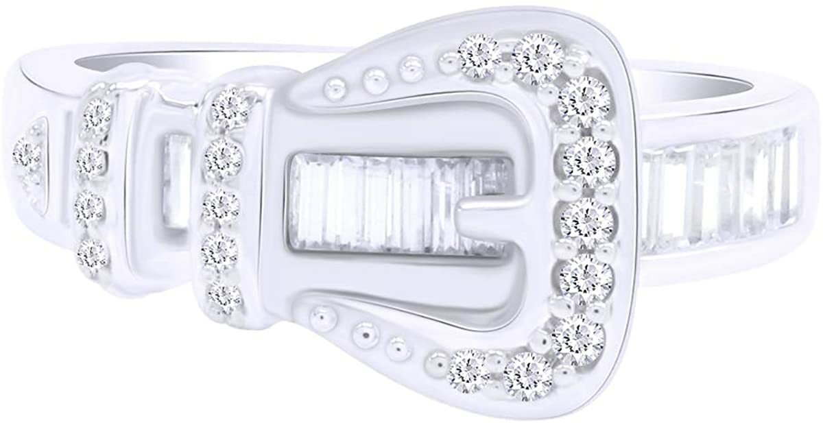 Simulated Diamond Belt Buckle Fashion Ring 14K White Gold Plated Sterling