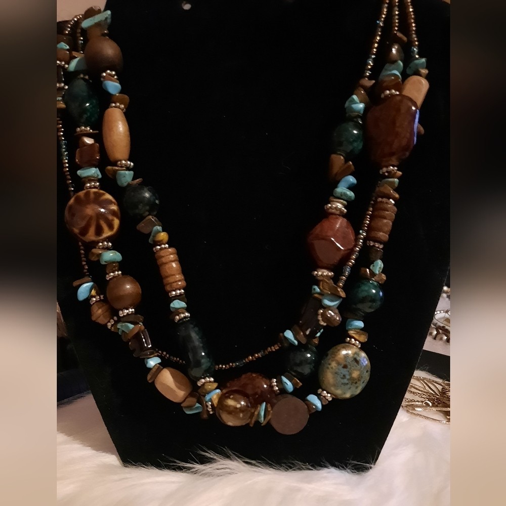 Stone, ceramic, wood, Glass seed beaded necklace Multistrand necklace