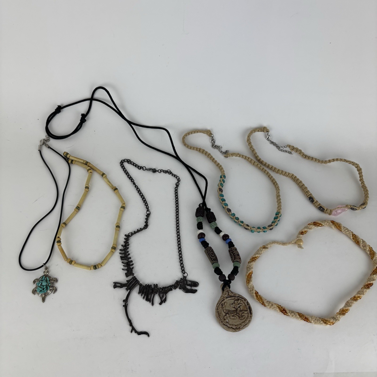 Lot of 7 Boho Necklace Pendants Turtle Dragon Dinosaur Hemp Beaded Jewelry