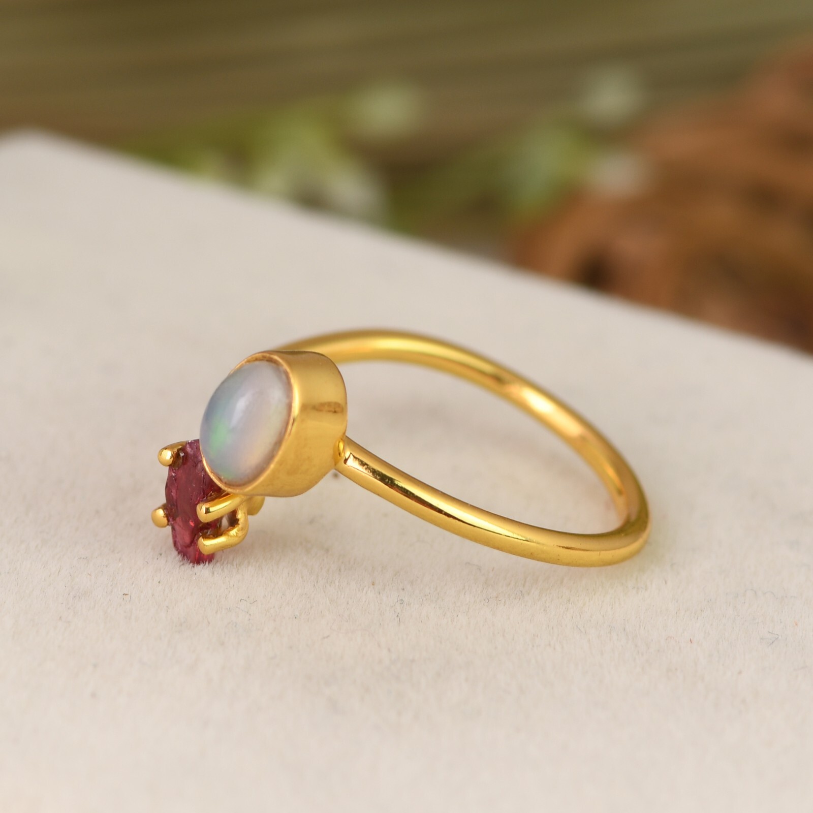 Raw Ruby Spinal & Fire Opal Ring Multi Stone Rough Gemstone Birthstone Jewelry
