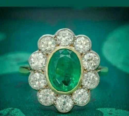 2.40 Ct Oval Cut Natural Emerald Diamond Wedding Ring 14K Real Yellow Gold
