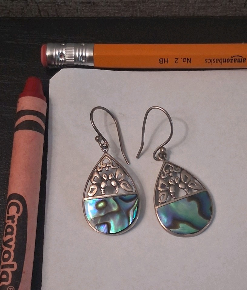 Teardrop Dangle Hook Earrings Sterling Silver Floral Abalone Shell Inlay 1.5in