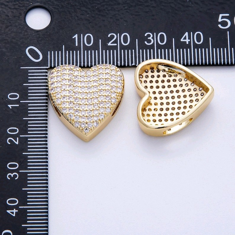 16K Gold Filled 21mm Puffy Heart Slide Bead Micro Pave CZ Sparkling Romantic Cha