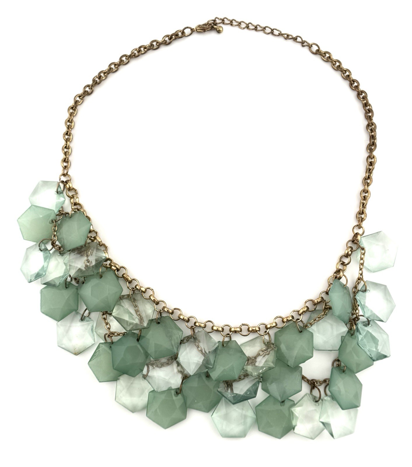 Mint Green Faceted Lucite Bib Statement Necklace Gold Tone Chain 18-20″
