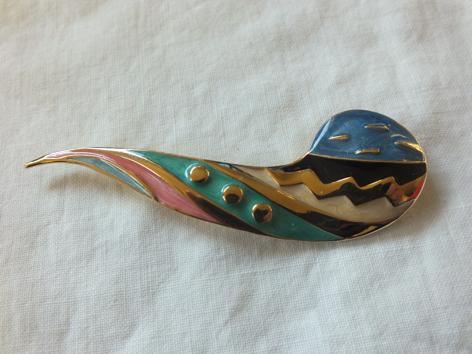 Beautiful Brooch Pin Gold Tone Marbled Colorful Enamel 3 3/4 x 1 1/4″ NICE