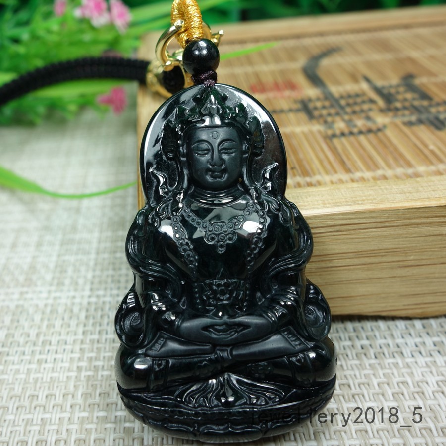 Certified Black Green Burma 100% Natural A jadeite Jade Pendant~Guan Yin 墨翠 渡母观音