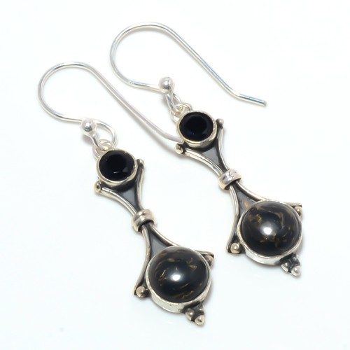 Copper Black Turquoise & Black Onyx 925 Silver Plated Earring 1.76″ W2484