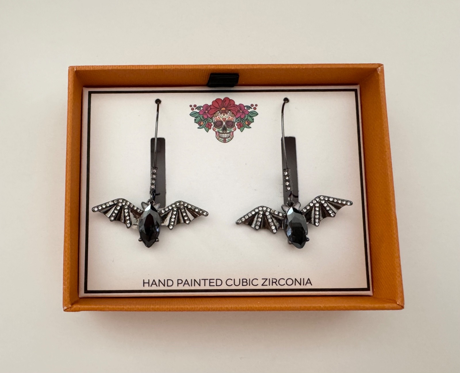 NIB True to Form Hand Painted Black Grey CZ Dangle Bat Earrings Halloween