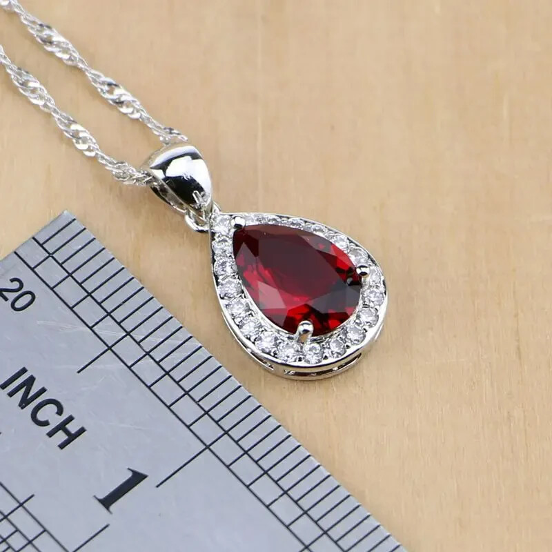 925 Silver CZ Pear cut Red Garnet Ring Earrings Pendant Necklace Bracelet Set