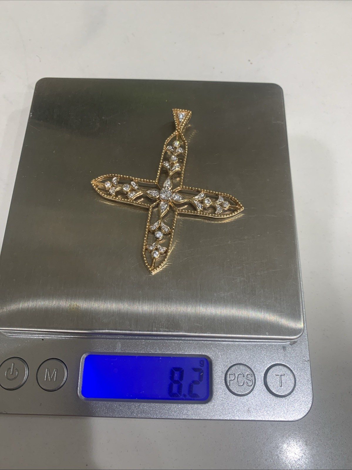 Estate 925 Silver Cross With 22 Kt Gold Overlay With White Saphires 8.2 Grams