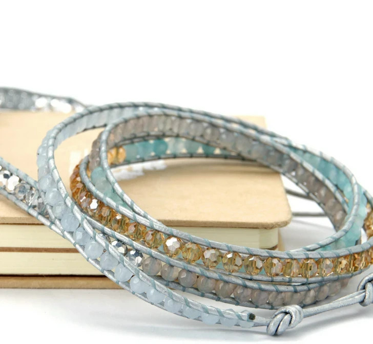 Aqua Blue Multi Strand Single Wrap Leather Bracelet 32.5 inches and 3 closures