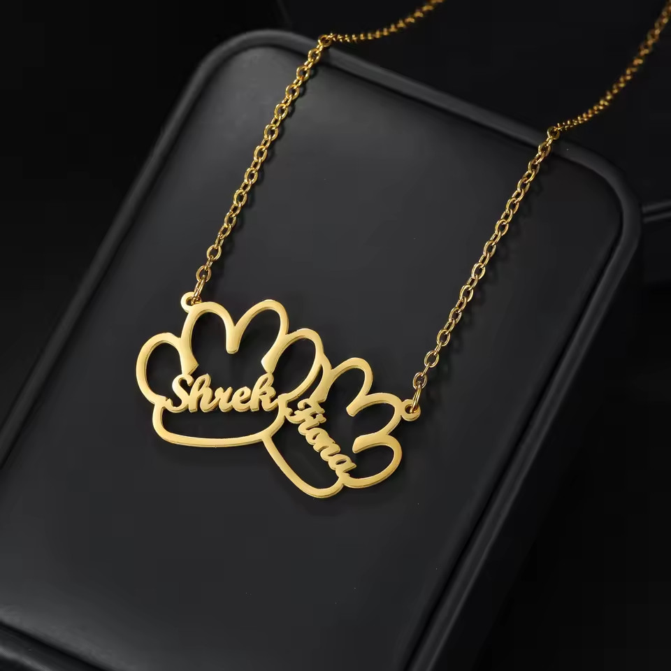 Custom Double Name Paw Necklace Pendant Gift Jewelry Stainless Steel Link Chain