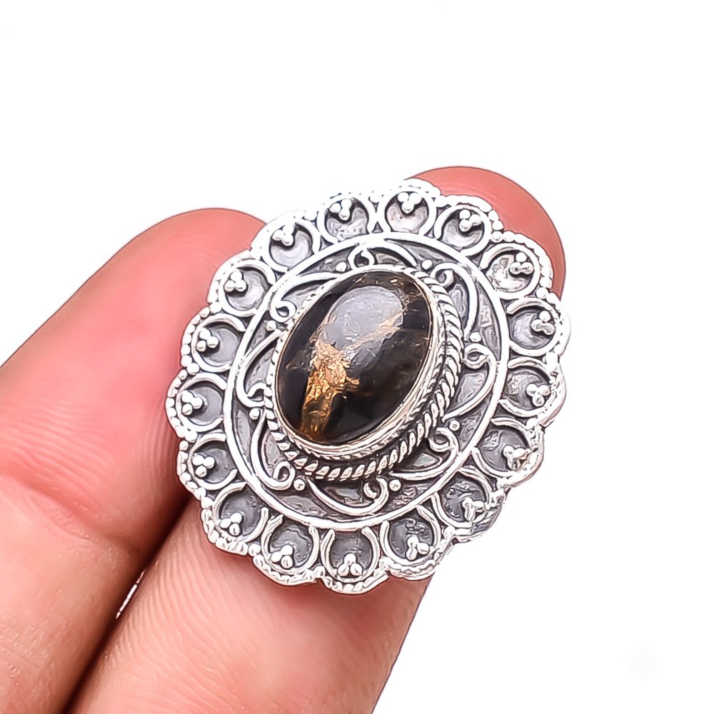 Copper Black Turquoise Handmade Oxidised 925 Sterling Silver Ring S.7 R58834
