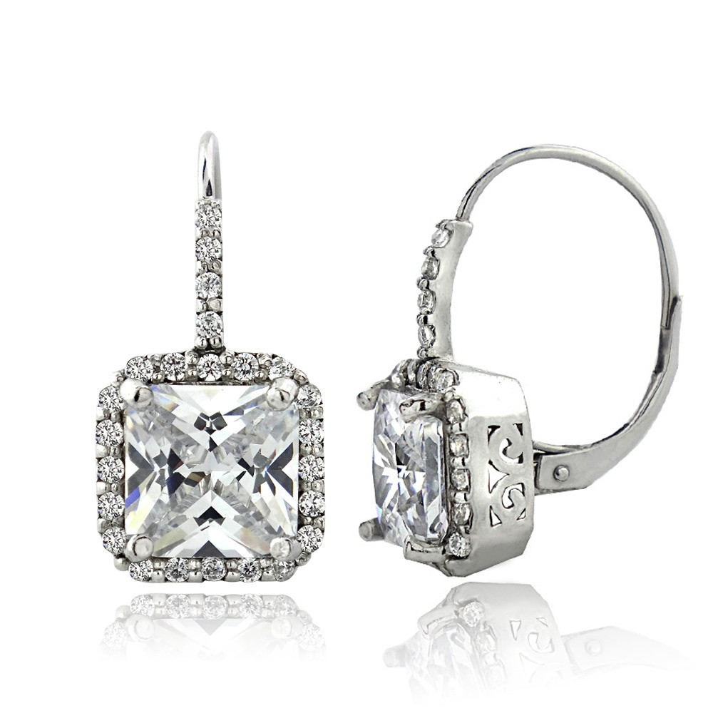 6.5ct CZ Square Halo Leverback Earrings Fine Silver Plated