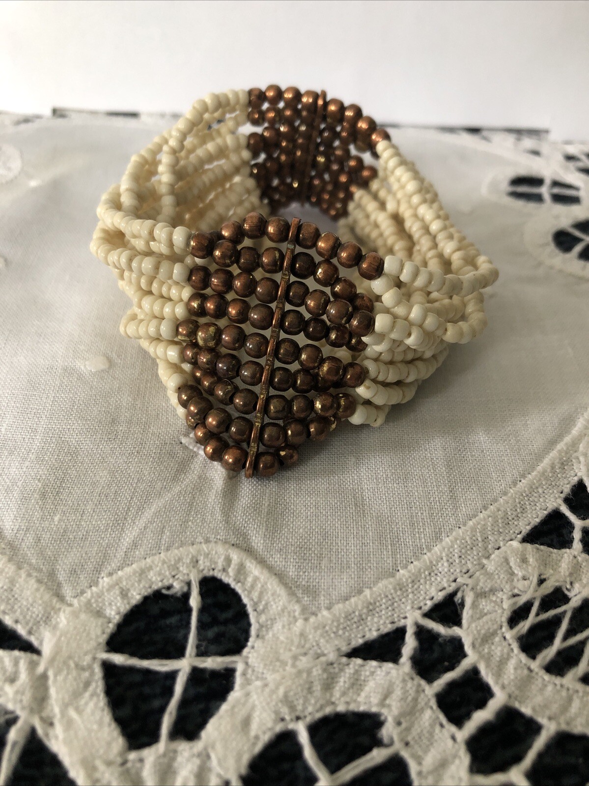 Micro Bead Multi Strand Bracelet Cream & Copper 1 1/2”W 8”Circumference Slip On