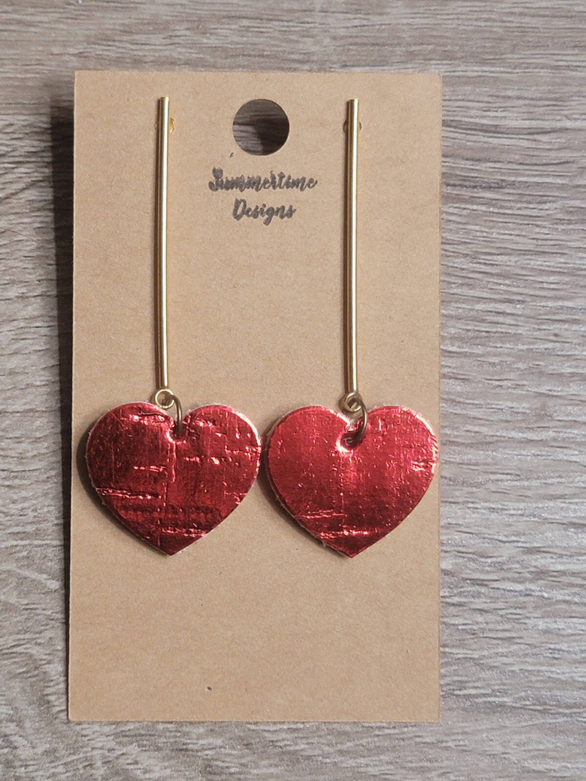 GENUINE Leather Backed Cork Heart Earrings Metallic Red 2″
