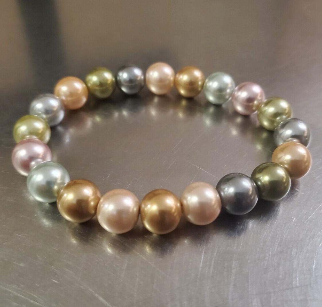 Vintage Bracelet Faux Pearl Multicolor Beaded Round Blue Green Pink Copper 6.75″