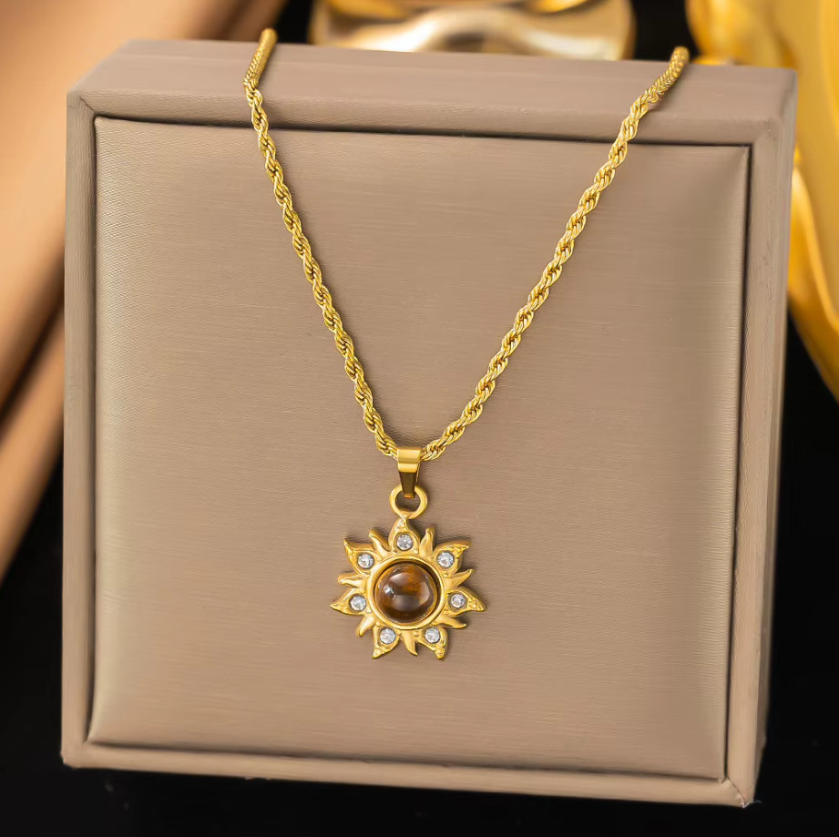 18K Gold Tiger’s Eye & CZ Sunburst Rope Chain Necklace