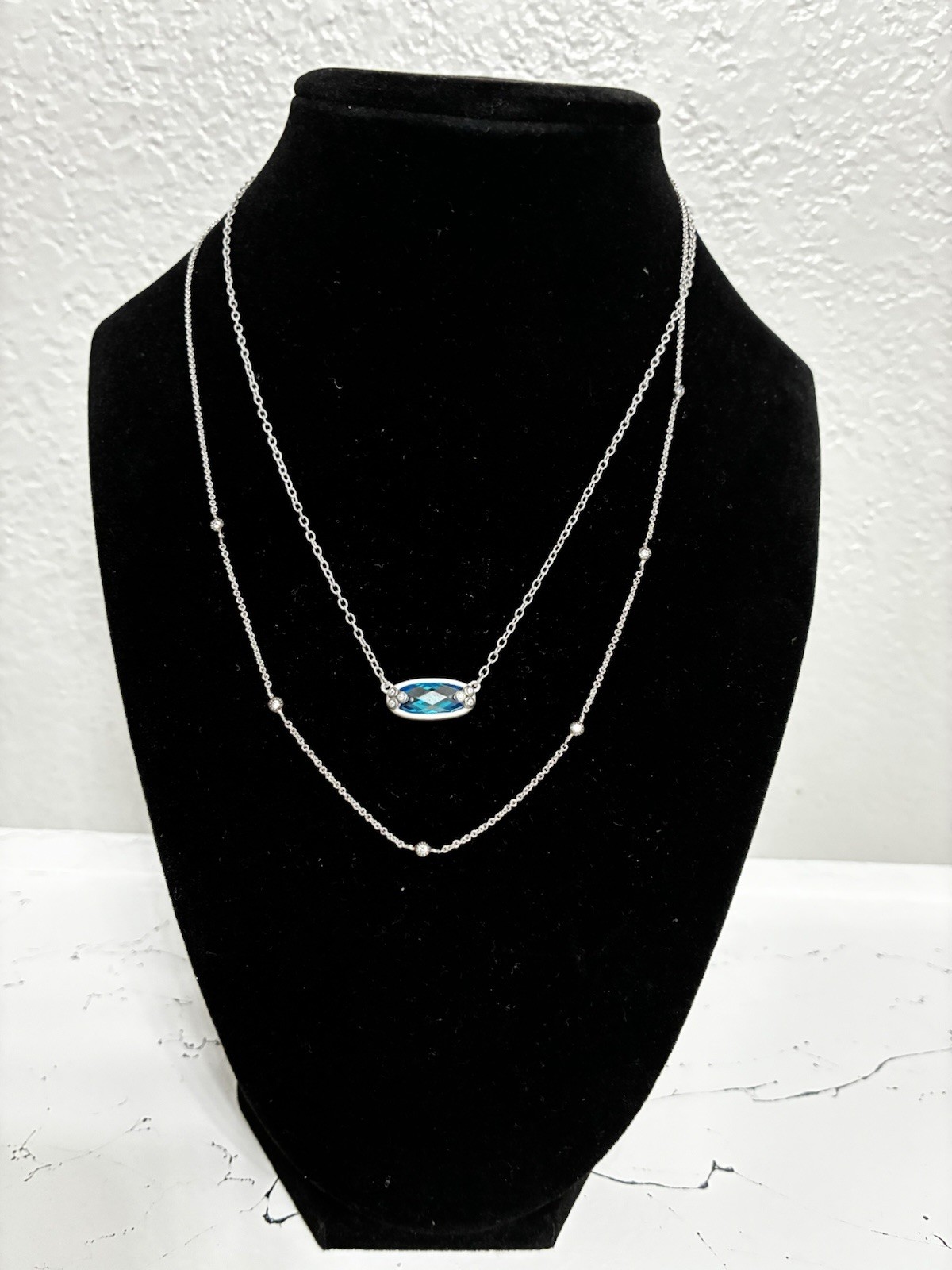 FREIDA ROTHMAN Silver Tone Cable Chain GEM PENDANT NECKLACE 2 stacked necklaces