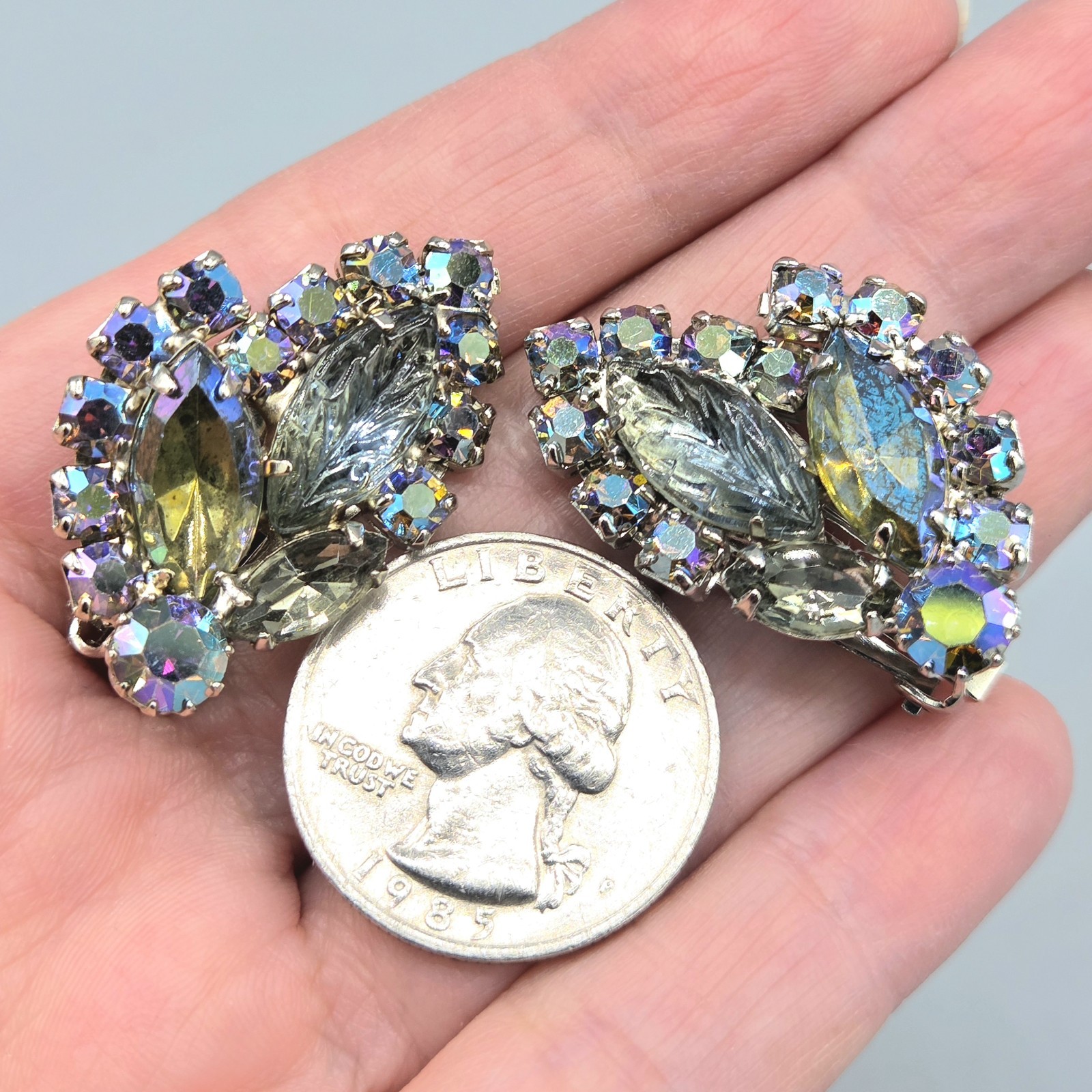 Unsigned Designer Smoke Gray AB Crystal Molded Leaf Clip Earrings