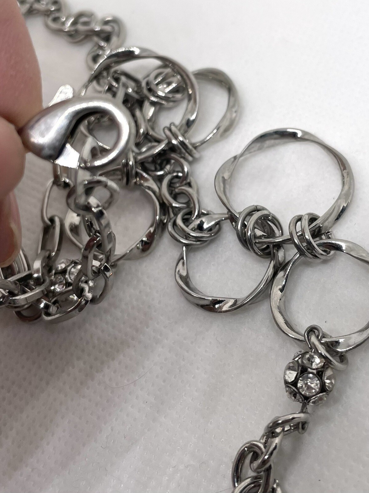 Silver Tone Three Twisted Wire Circles & Crystal Pave Beaded Station Necklace