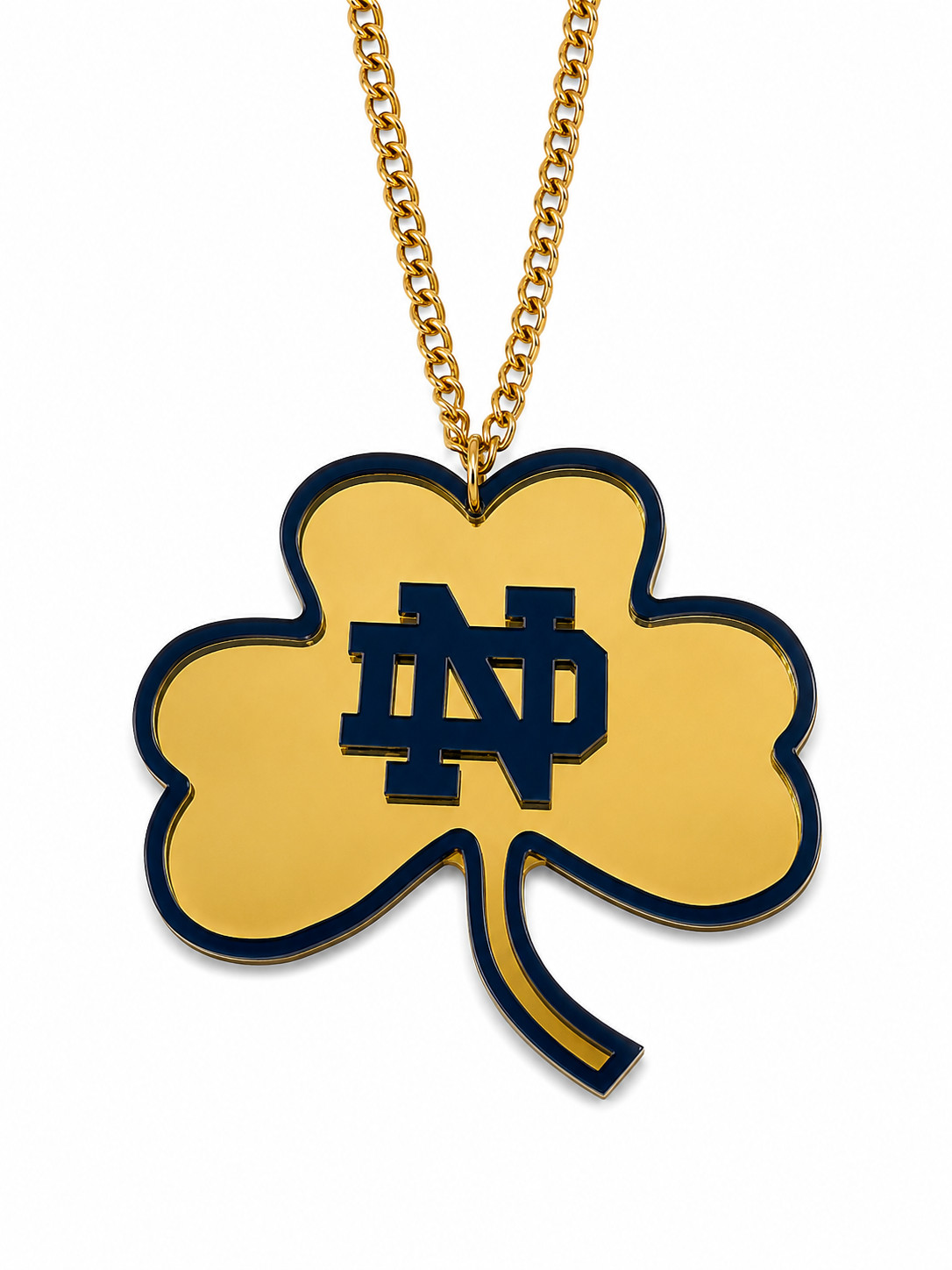 Notre Dame Fighting Irish Shamrock Acrylic Fan Chain Necklace Gold Navy Pendant