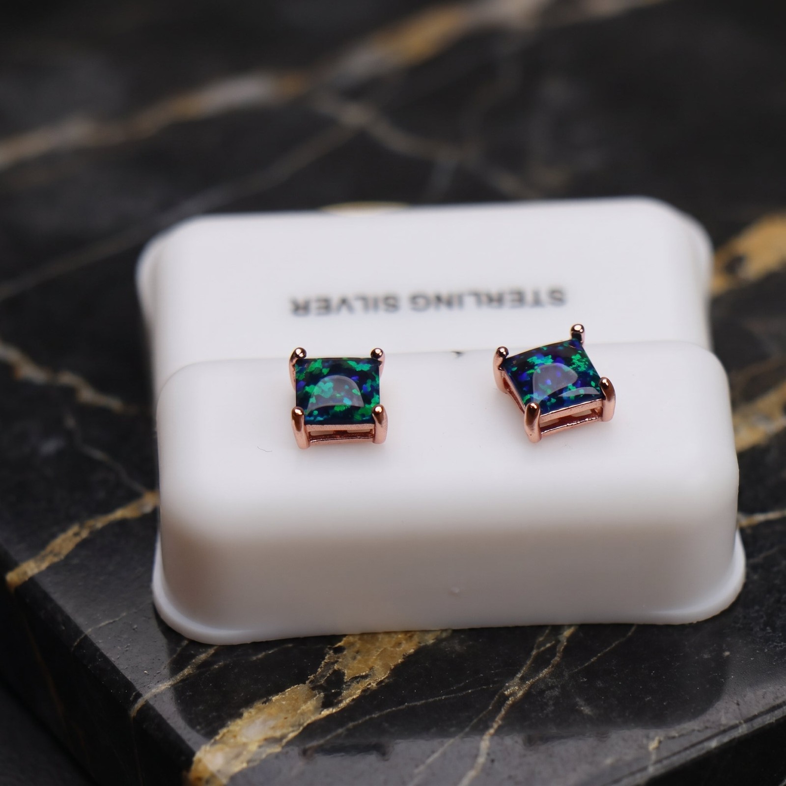 Green Fire Opal Square Earrings Rose Gold Over 925 Sterling Silver Lab Created