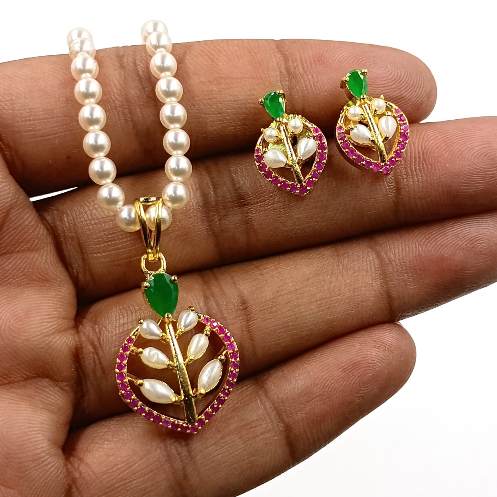 Ruby Emerald Pearl Pendant Set, 22k Gold Plated Traditional Indian Wedding Jewel