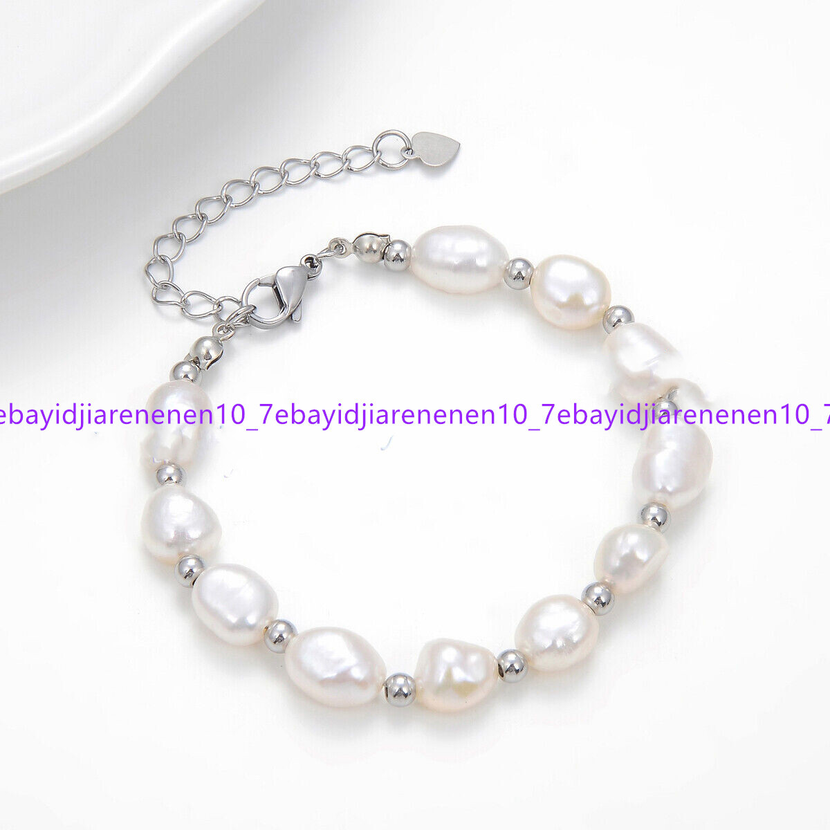 7mm-11mm Natural White Black Freshwater Baroque Pearl Rice Beads Bracelet 7.5 in