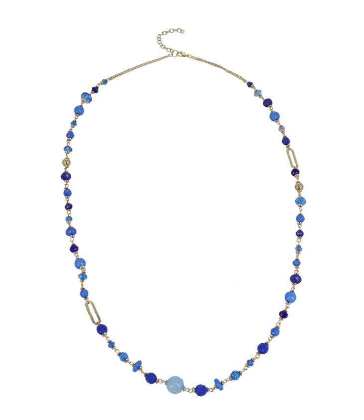 Blue Glass Beaded Necklace 36-38 Inches in Goldtone