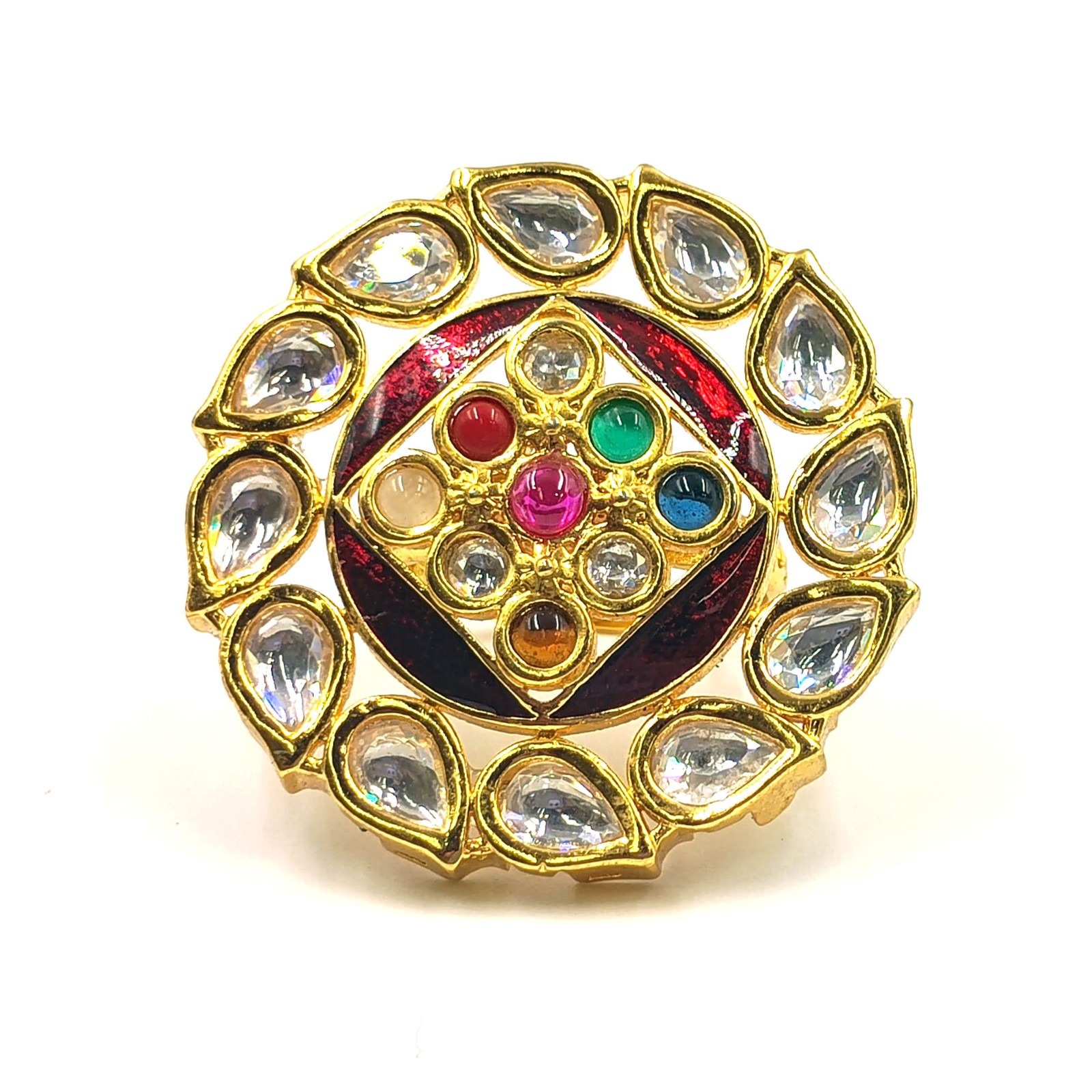 Traditional Navratan Ring Kundan Polki CZ Stones 22k Gold Plated Adjustable