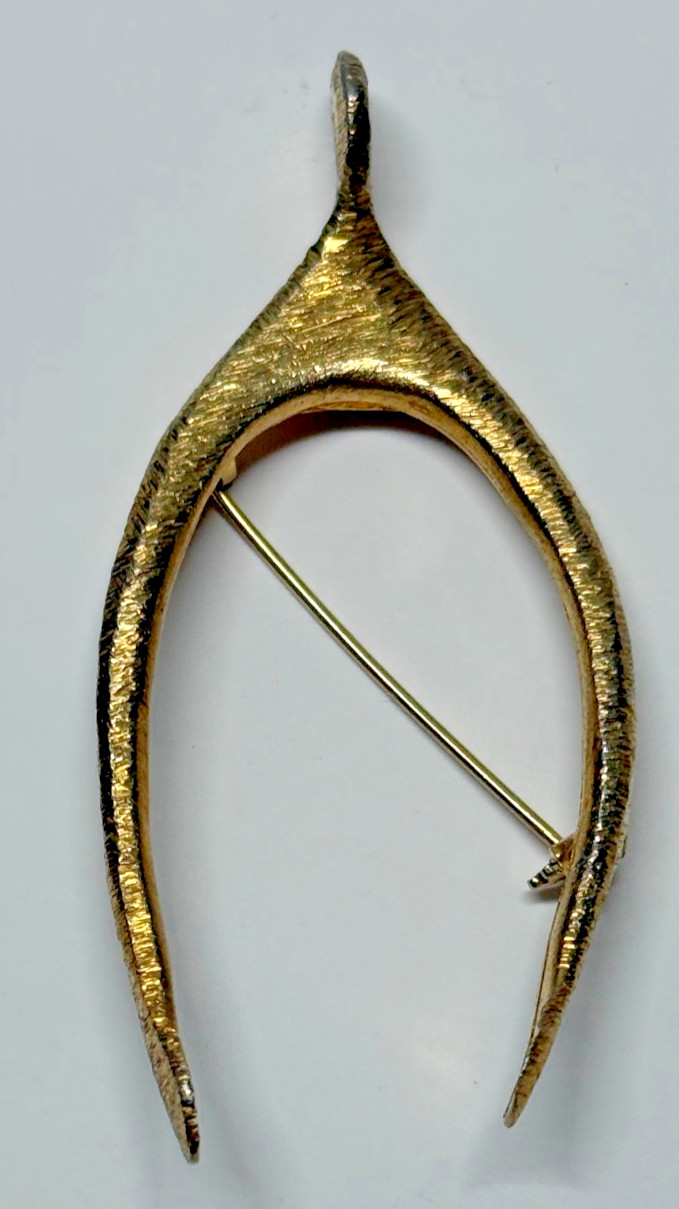 Wishbone Brooch brushed goldtone pin Estate Vans Authentic approx. 3″ x 1.5″