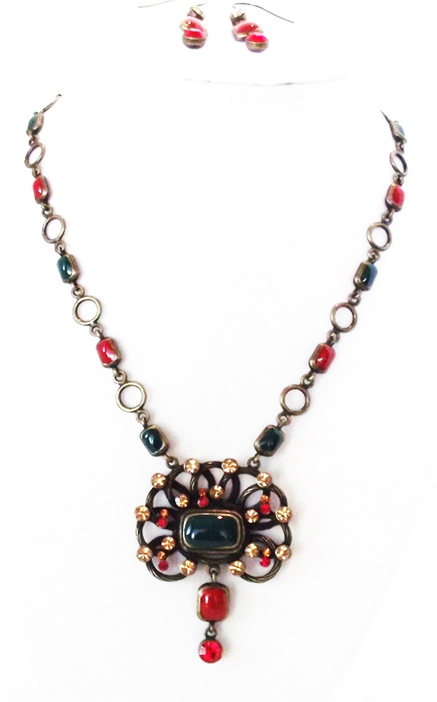 CC 18 in RED GREEN ENAMEL GOLD CRYSTAL FLORAL NECKLACE EARRINGS JEWELRY SET NEW