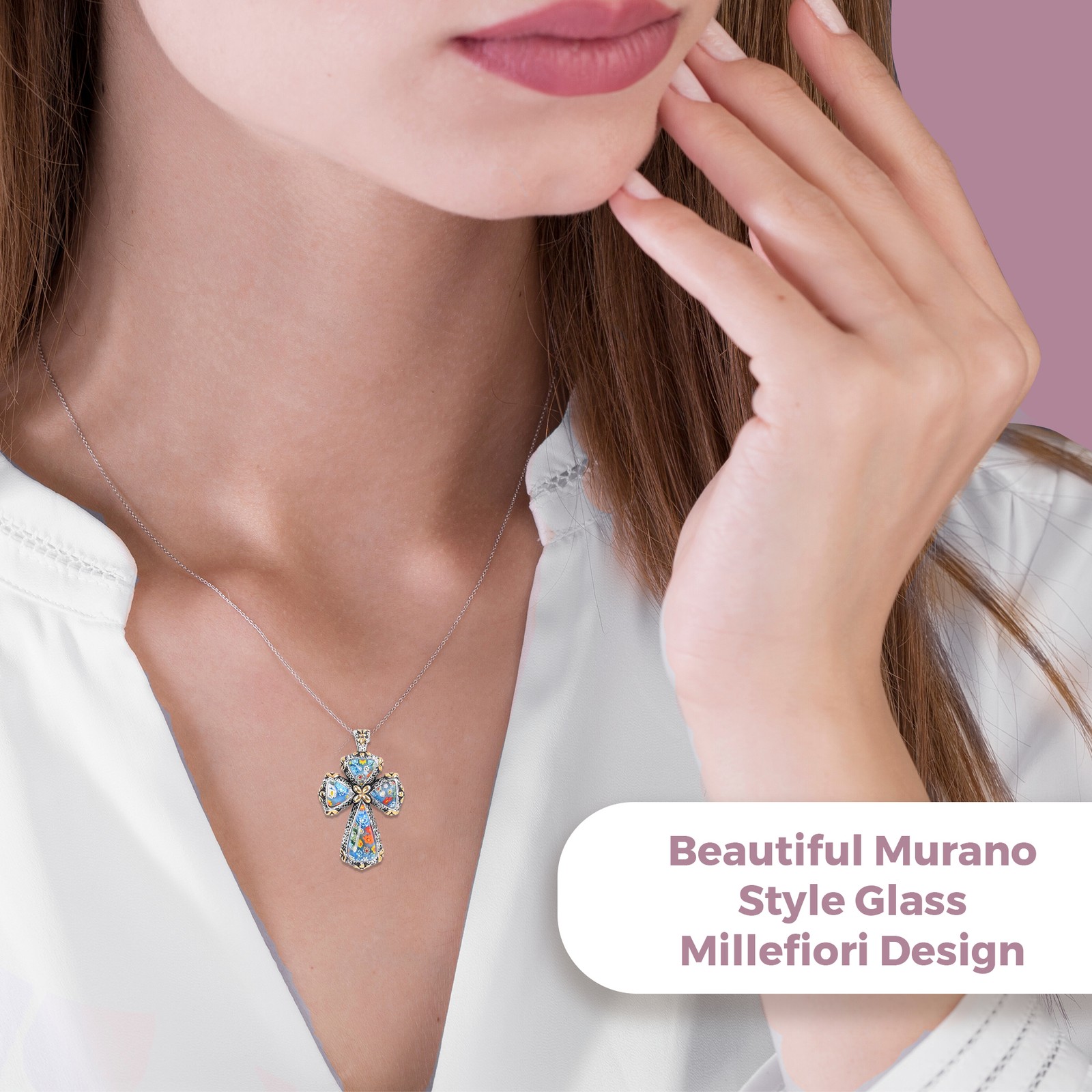 Shop LC Colorful Rainbow Cross Necklace Yellow Gold Black Oxidsized Murano Style
