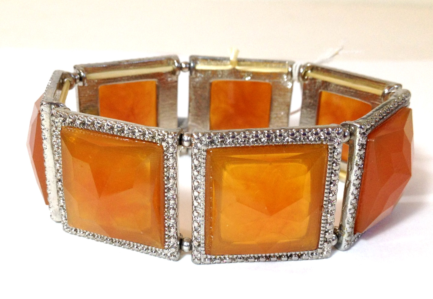 Bracelet With Amber Colored Squares Silver Tone Bijoux Turner Stretch New w/Tag